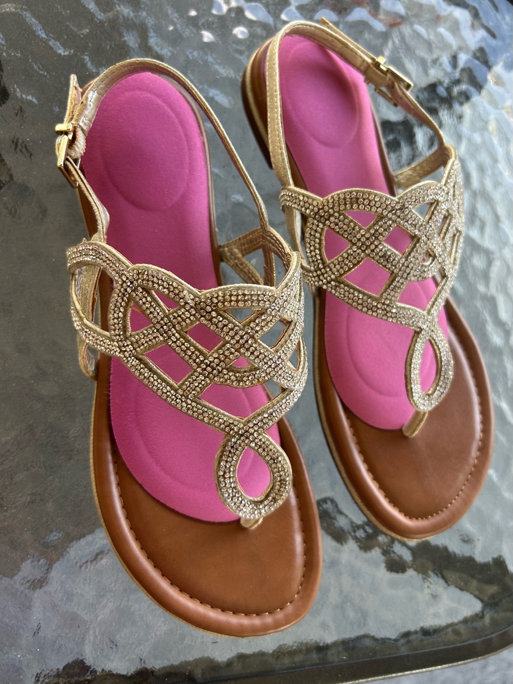 Kelly & Katie Gold Crystal Braided T-Strap Sandals